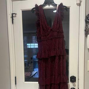 Lulu's Burgundy Lace Ruffle Tiered V-Neck Maxi Dress